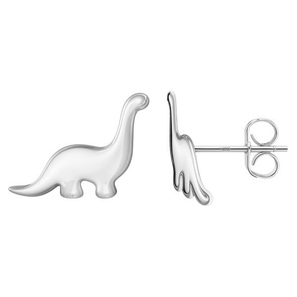 A pair of brontosaurus dinosaur stud earrings in polished sterling silver with push back closures, shown on a white background.