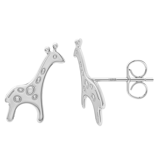 A pair of giraffe-shaped stud earrings in polished sterling silver, with one showing the post and butterfly back, on a white background.