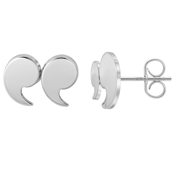A pair of sterling silver stud earrings shaped like quotation marks, with one shown from the side revealing the post and butterfly back.