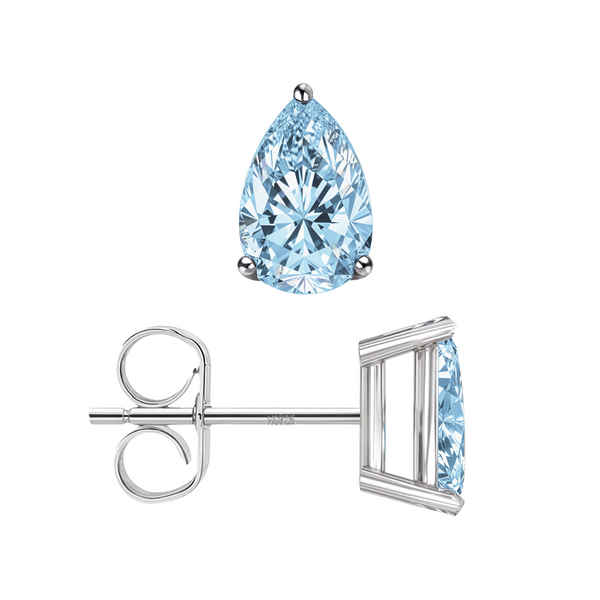 Sterling silver stud earrings with a teardrop-shaped light blue stone in a three-prong setting, shown from the front and side.