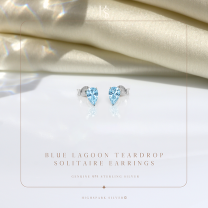 Blue Lagoon Teardrop Solitaire Earrings in 925 Sterling Silver For Women