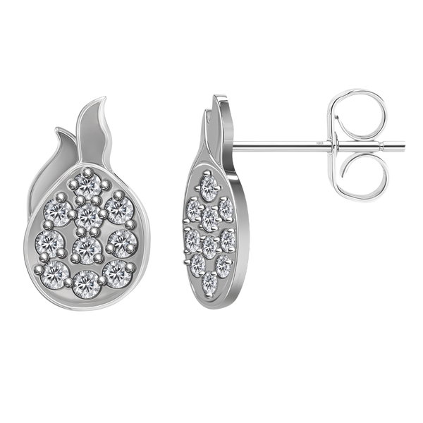 A pair of fiery, twinkling flame-shaped stud earrings with pavé-set American diamonds in polished sterling silver.