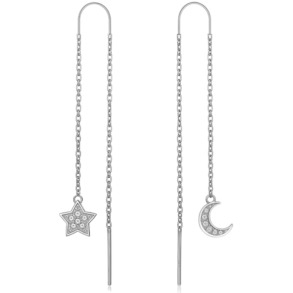 Mismatched sterling silver threader earrings with a pavé American diamond star and crescent moon charm on a white background.