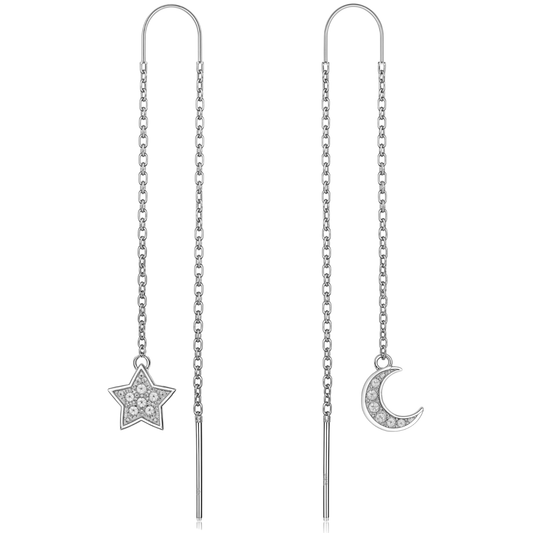 Mini Twinkling Star And Mini Crescent Moon Solitaire Earrings in 92.5 Sterling Silver With Diamond like Brilliance Sparkling Zirconia