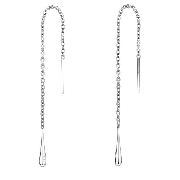 A pair of sterling silver threader earrings with a long chain, bar post, and a polished teardrop dangle, shown on a white background.