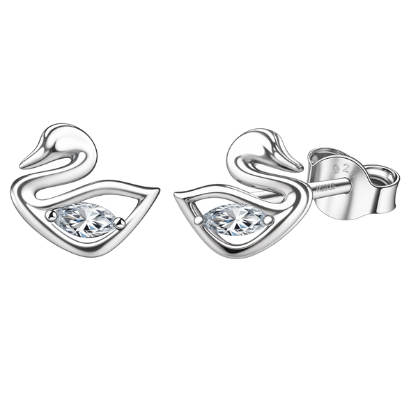 A pair of swan-shaped stud earrings in sterling silver with a marquise-cut American diamond solitaire, shown on a white background.