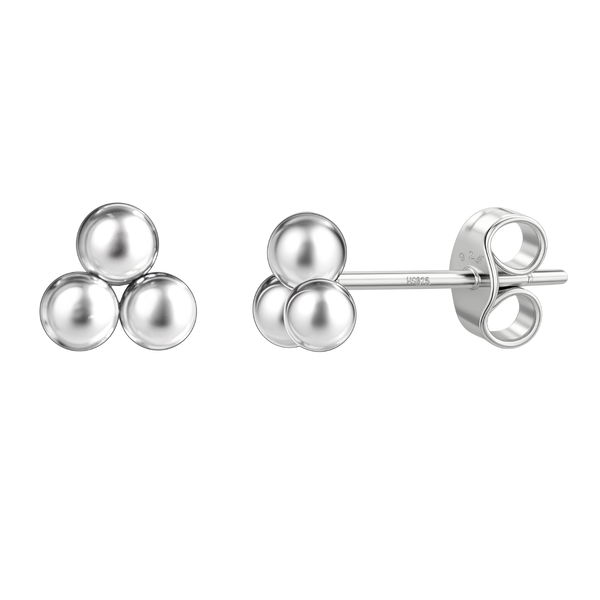 A pair of sterling silver stud earrings with a trinity cluster of three polished spheres, shown on a plain white background.