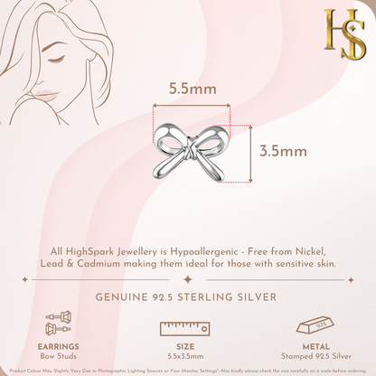 Dainty Bow Stud Earrings in 925 Sterling Silver for Women