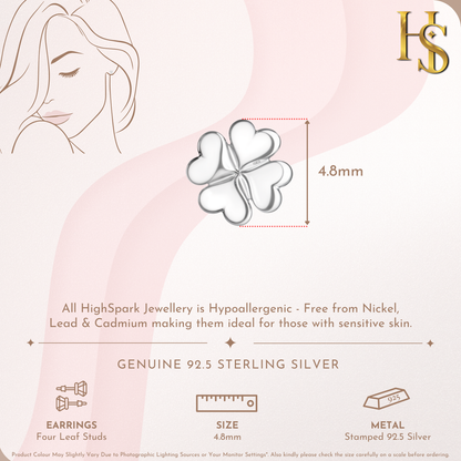 Four Leaf Luck Clover Stud Earrings in 925 Sterling Silver for Women