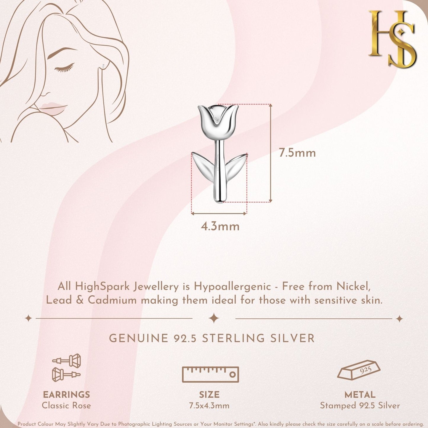 Classic Rose Stud Earring in 925 Sterling Silver For Women
