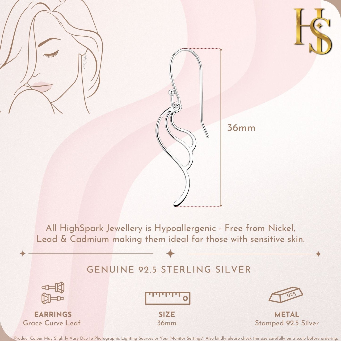 Grace Curve Leaf Dangle Earring in 925 Sterling Silver For Women