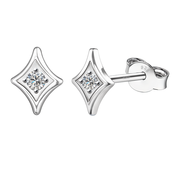 A pair of diamond-shaped stud earrings in sterling silver with a central round American diamond, shown on a white background.