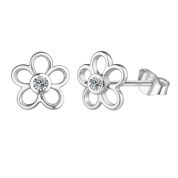 A pair of sterling silver stud earrings in a five-petal flower shape with a central bezel-set American diamond, shown on a white background.
