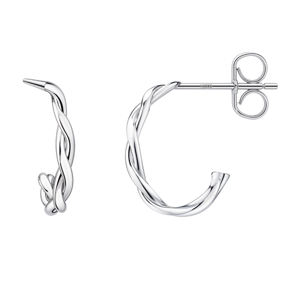A pair of sterling silver hoop earrings with a twisted rope design and a butterfly push-back, shown on a plain white background.