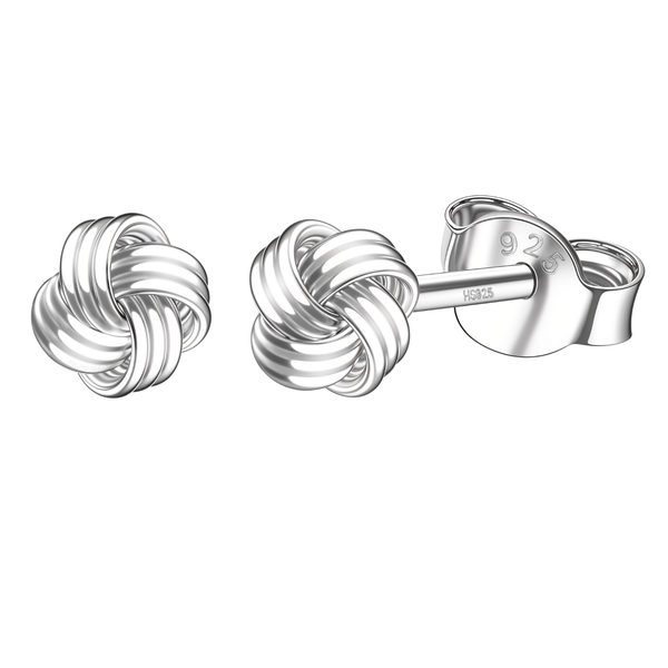 A pair of sterling silver stud earrings in a woven love knot design, shown with one push-back clasp, on a plain white background.