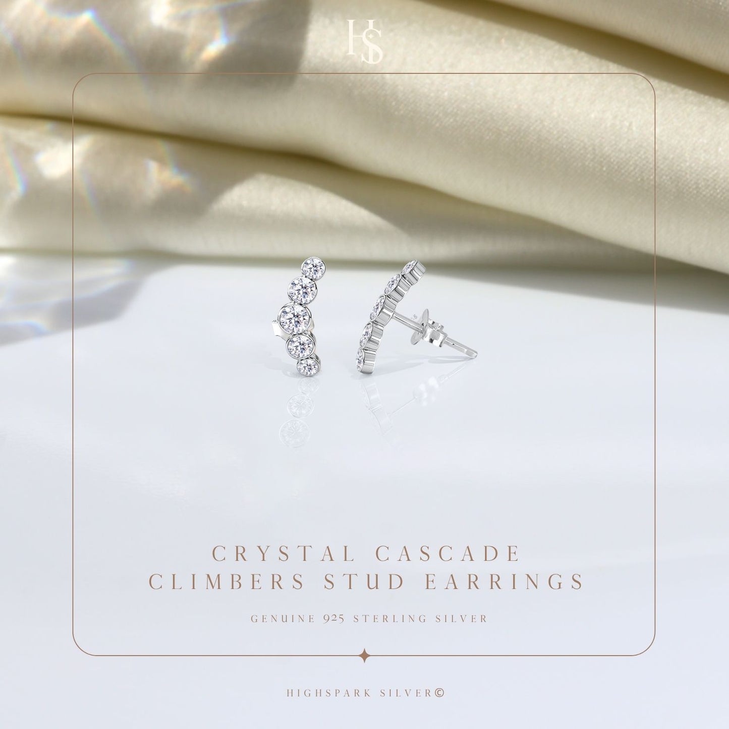 Crystal Cascade Climber Solitaire Stud Earring in 925 Sterling Silver For Women
