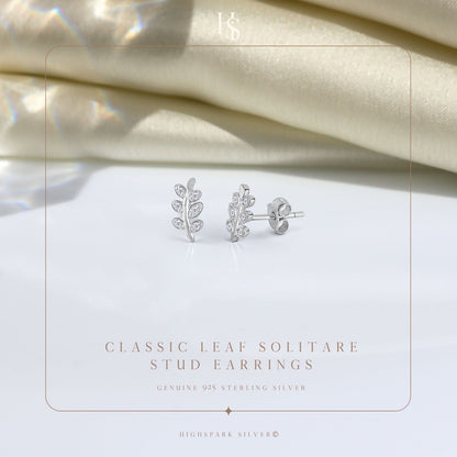 Classic Leaf Solitaire Stud Earring in 925 Sterling Silver For Women