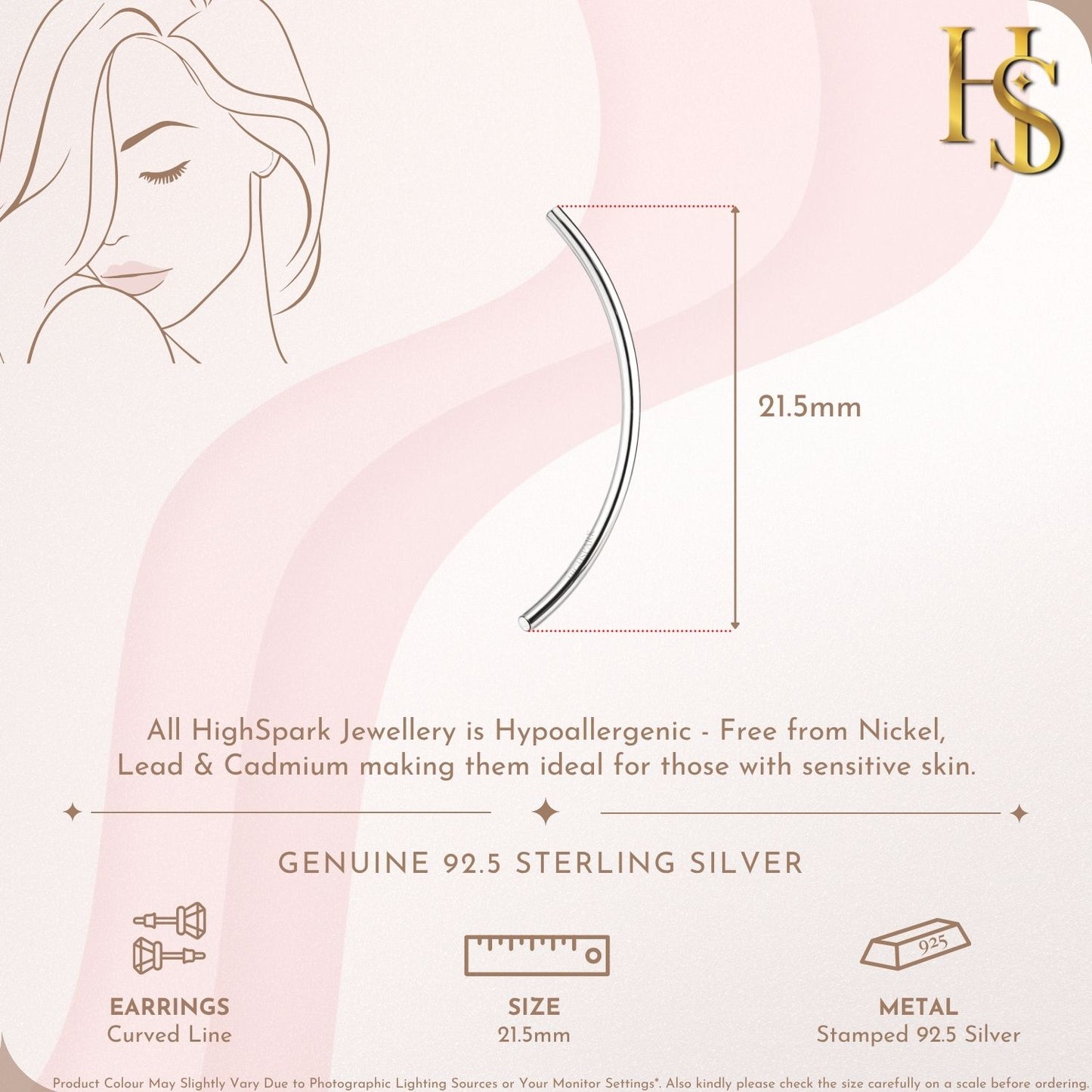 Curved Line Stud Earring in 925 Sterling Silver For Women