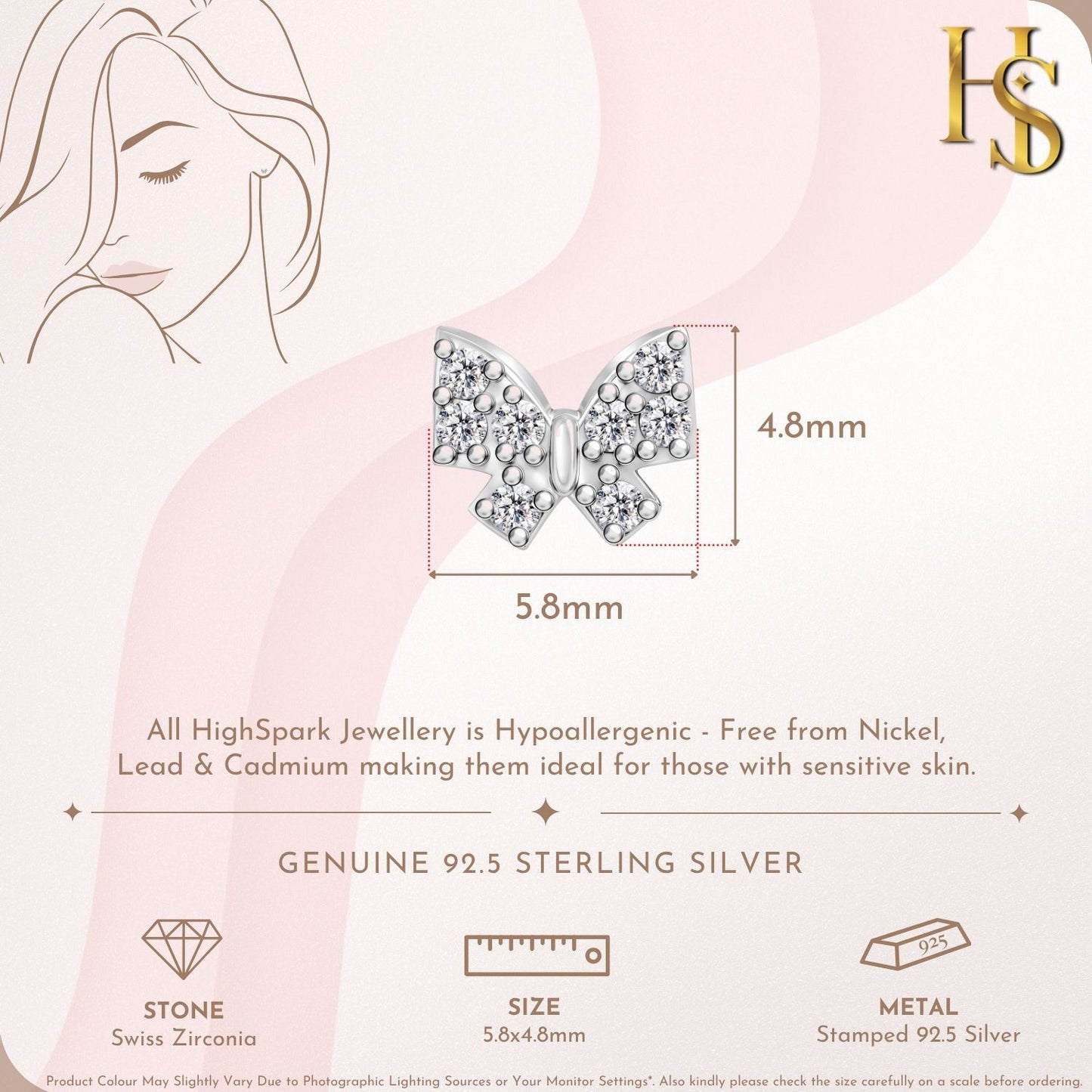 Butterfly Ribbon Solitaire Stud Earring in 925 Sterling Silver