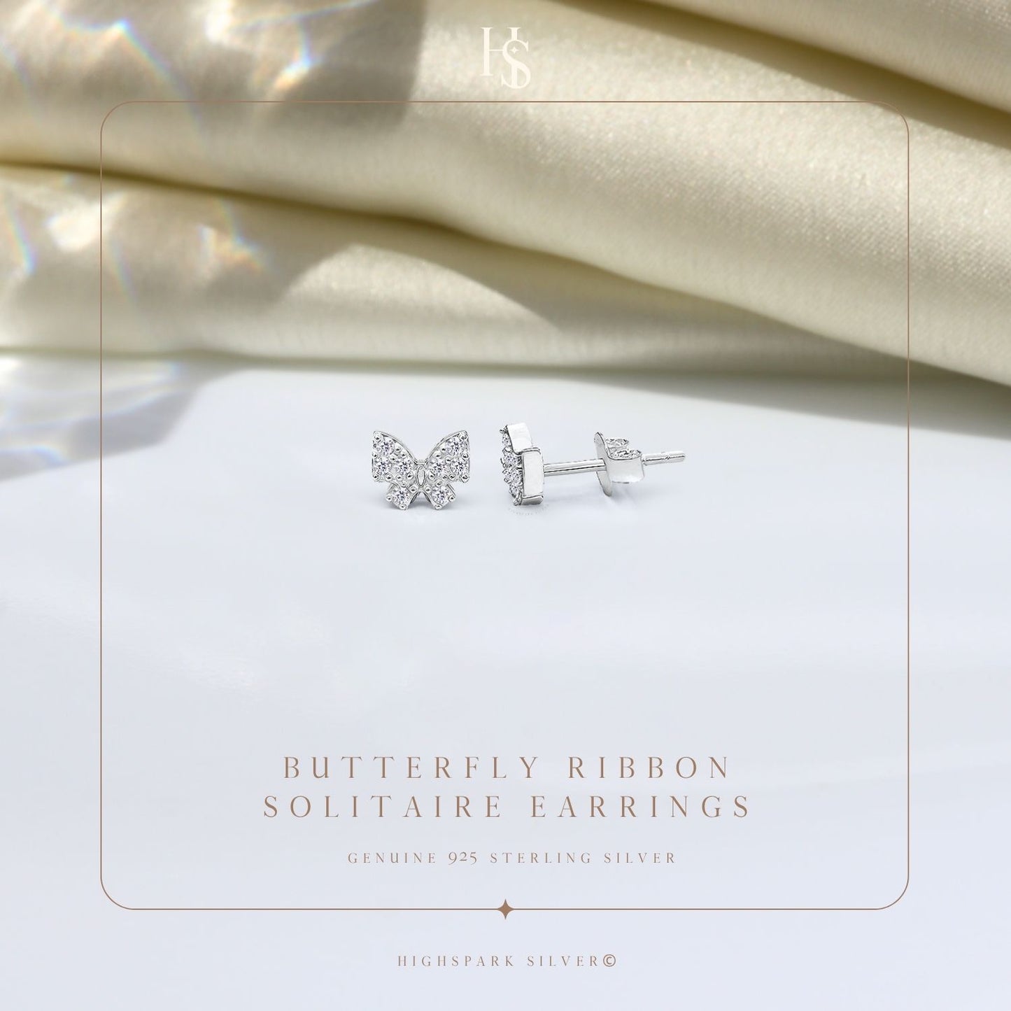 Butterfly Ribbon Solitaire Stud Earring in 925 Sterling Silver