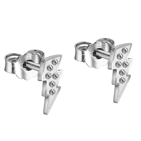 A pair of lightning bolt stud earrings with bezel-set American diamonds in sterling silver, shown with their push-back clasps.