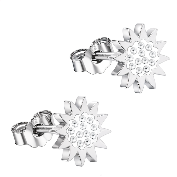 A pair of sun-shaped stud earrings with pavé-set American diamonds in sterling silver, shown on a white background.