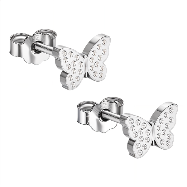 A pair of butterfly stud earrings with pavé-set American diamonds and push-back closures in sterling silver, shown on a white background.