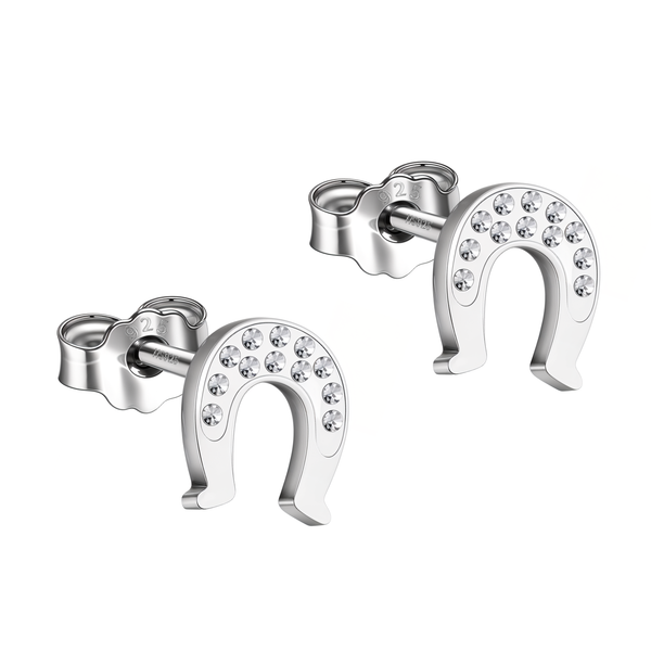 A pair of horseshoe-shaped stud earrings in sterling silver, pavé-set with round American diamonds, shown on a white background.