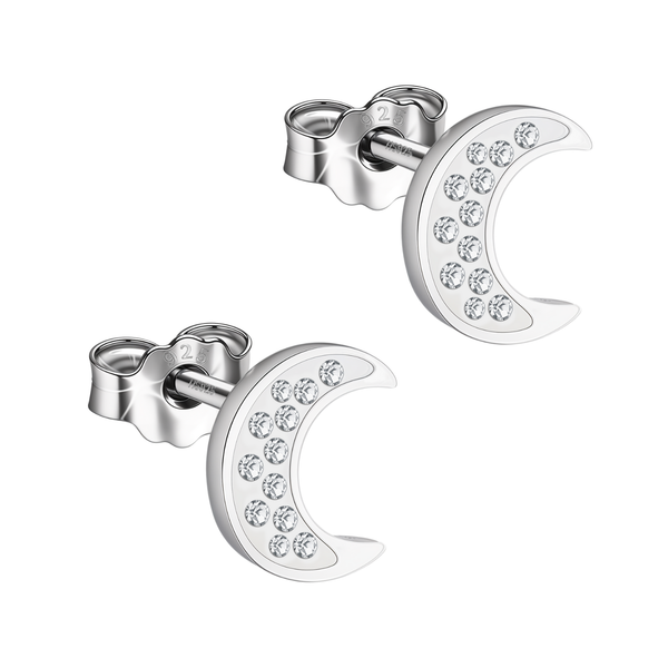A pair of crescent moon stud earrings with pavé-set American diamonds in sterling silver, shown with their push-back clasps.