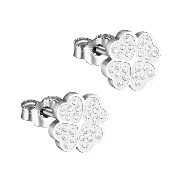 A pair of four-leaf clover stud earrings in sterling silver, each leaf paved with tiny American diamonds, on a white background.