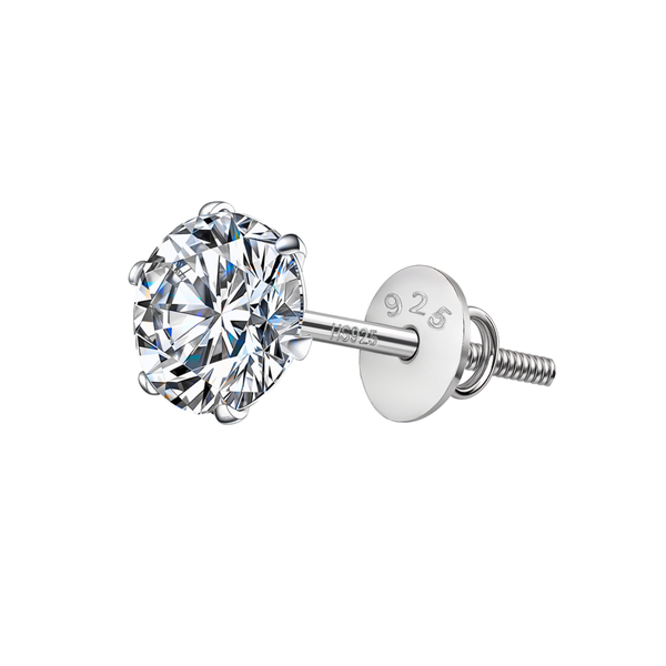 A single solitaire stud earring for men with a round American diamond in a six-prong setting and a screwback, made of 925 sterling silver.