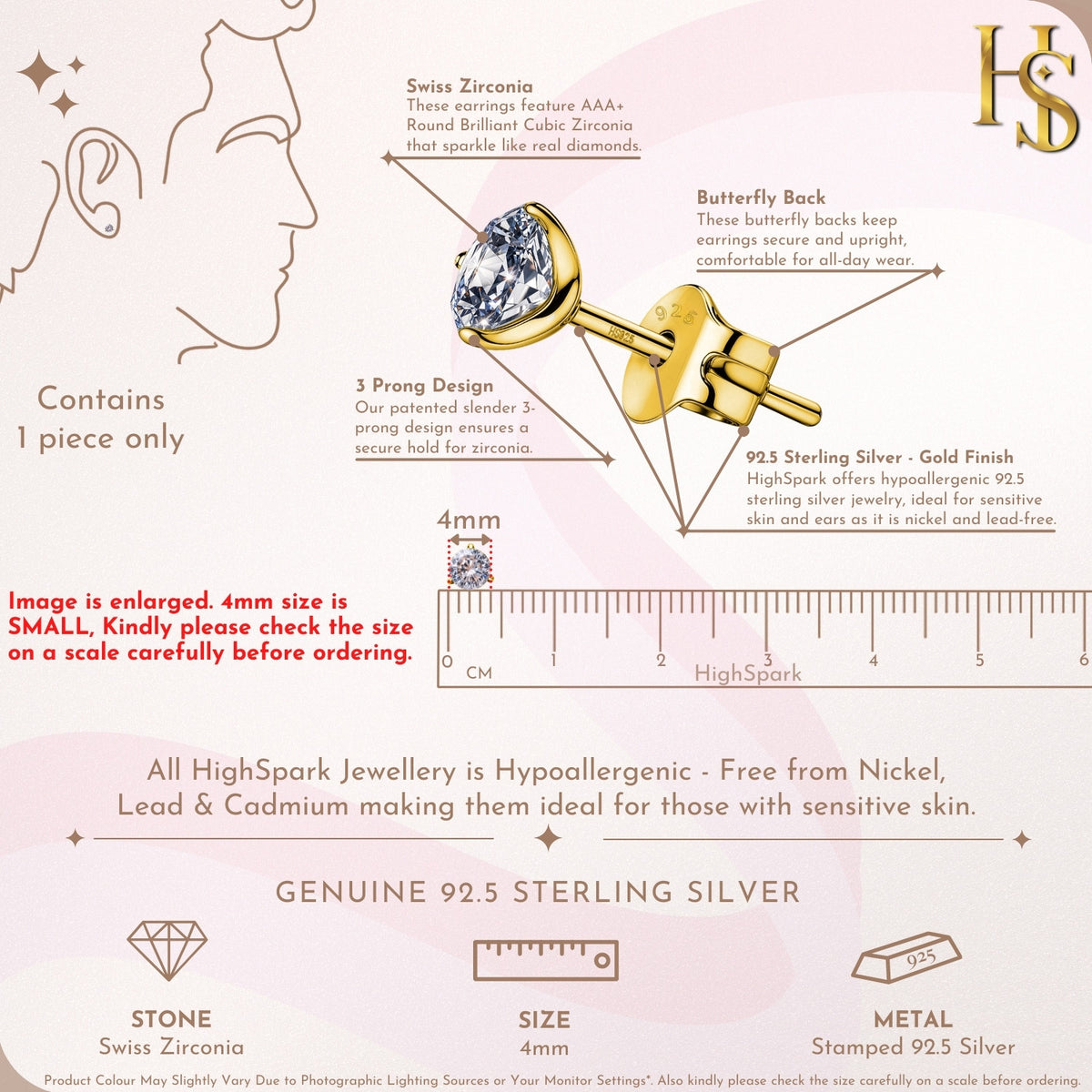 Gold Stud for Men, Martini Solitaire Gold-Plated 925 Silver Earring