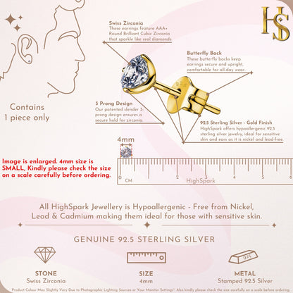 Gold Stud for Men, Martini Solitaire Gold-Plated 925 Silver Earring