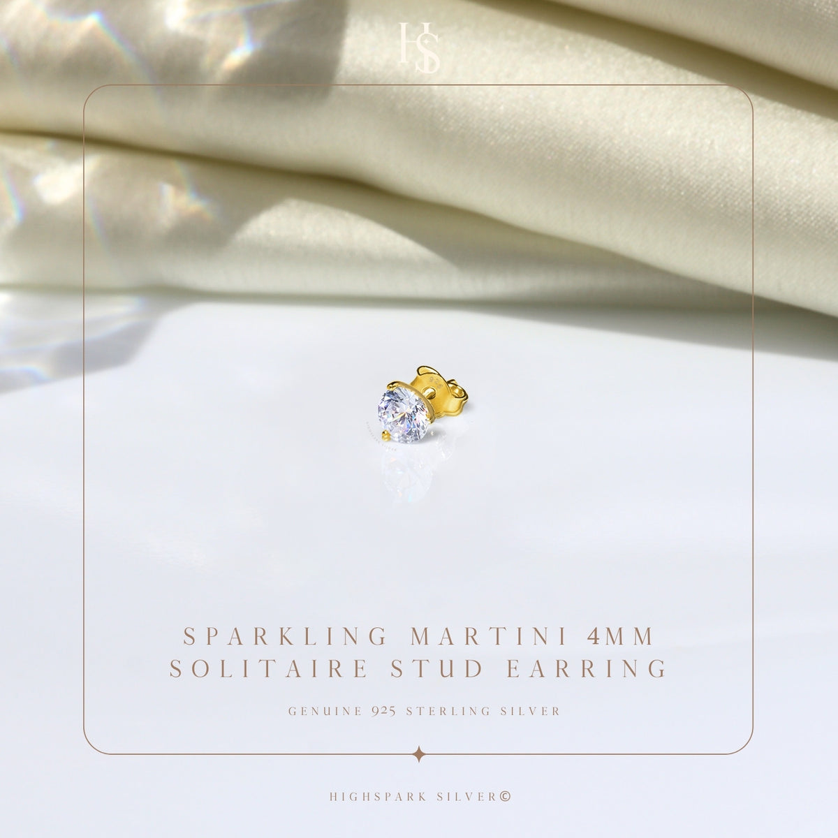 Gold Stud for Men, Martini Solitaire Gold-Plated 925 Silver Earring