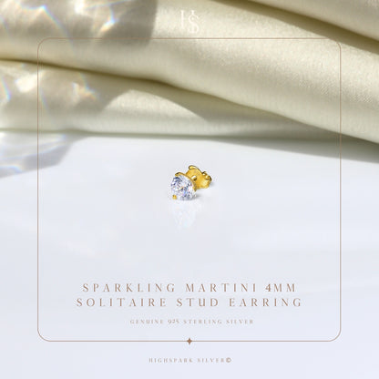 Gold Stud for Men, Martini Solitaire Gold-Plated 925 Silver Earring