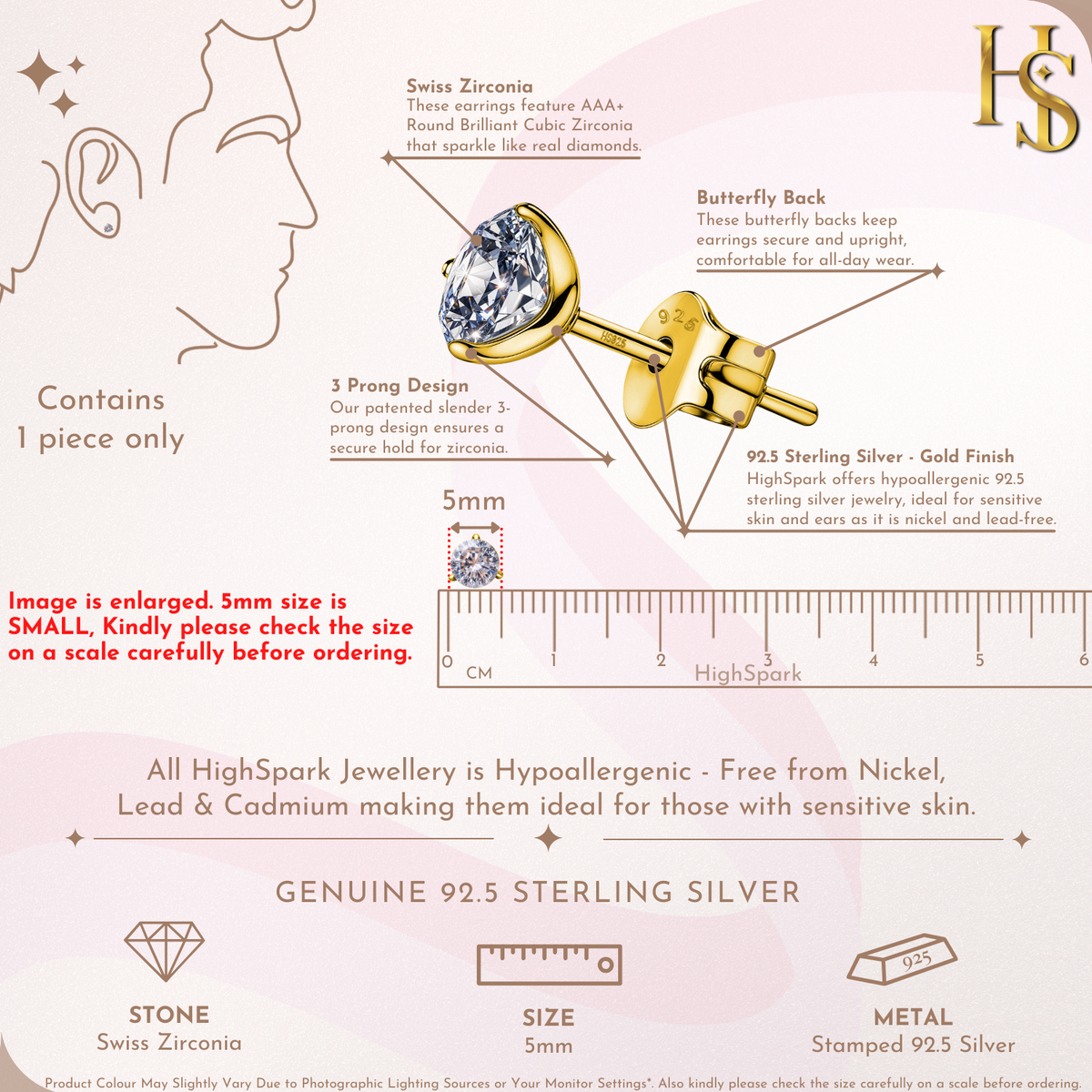 Gold Stud for Men, Martini Solitaire Gold-Plated 925 Silver Earring
