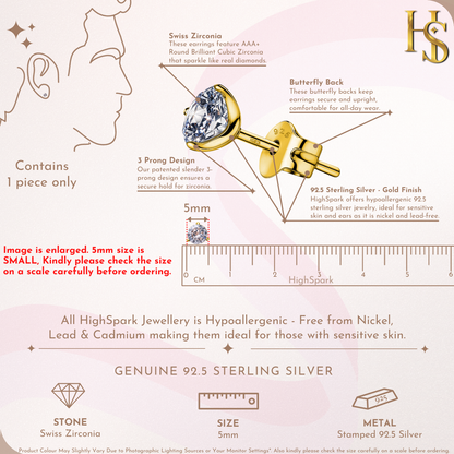 Gold Stud for Men, Martini Solitaire Gold-Plated 925 Silver Earring