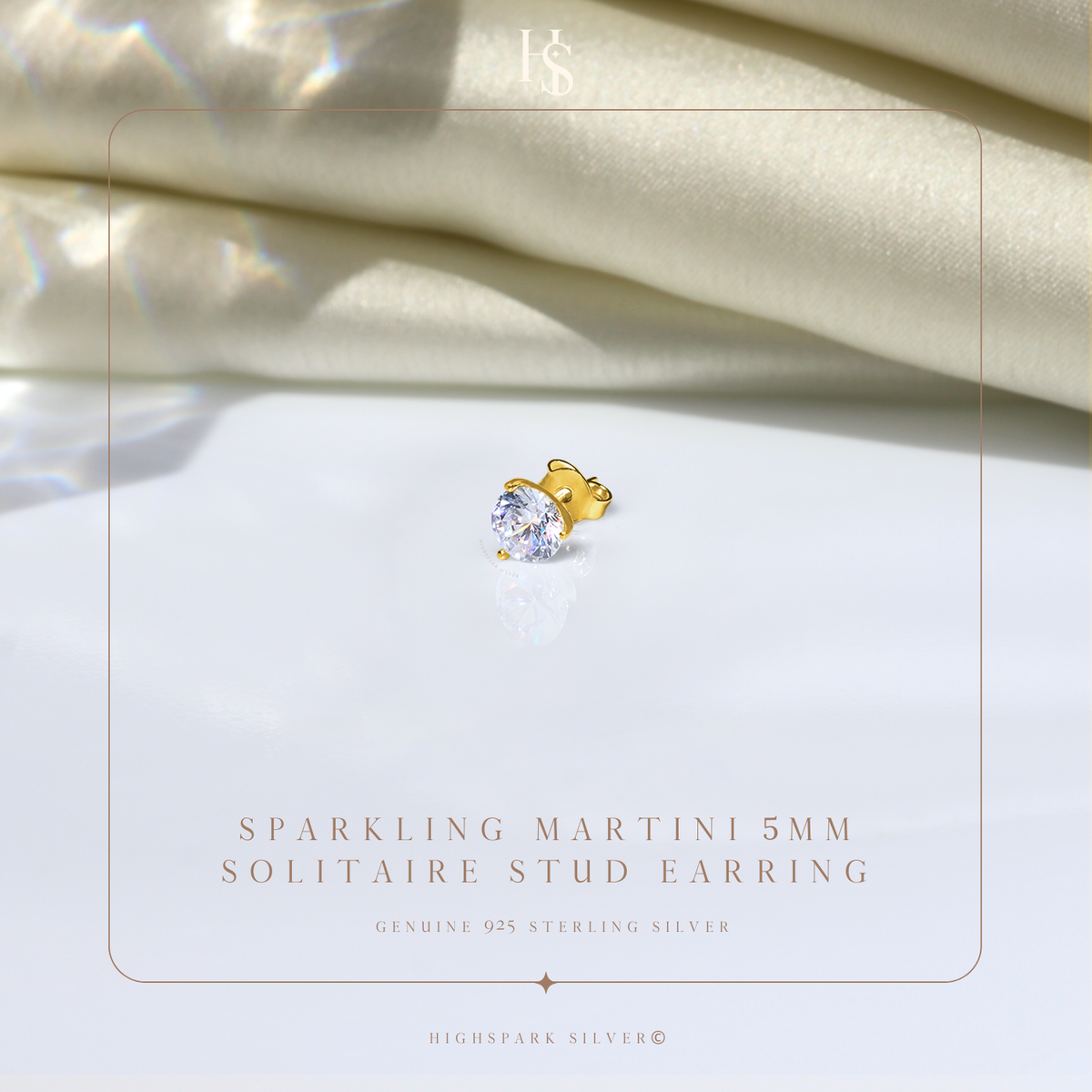 Gold Stud for Men, Martini Solitaire Gold-Plated 925 Silver Earring