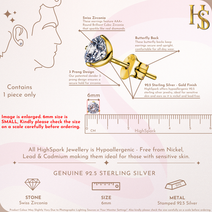 Gold Stud for Men, Martini Solitaire Gold-Plated 925 Silver Earring