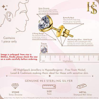 Gold Stud for Men, Martini Solitaire Gold-Plated 925 Silver Earring