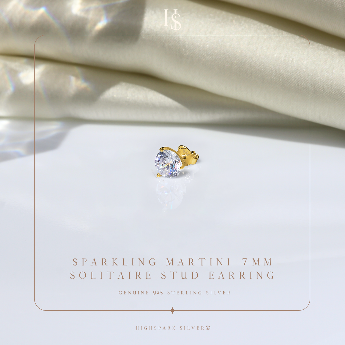 Gold Stud for Men, Martini Solitaire Gold-Plated 925 Silver Earring