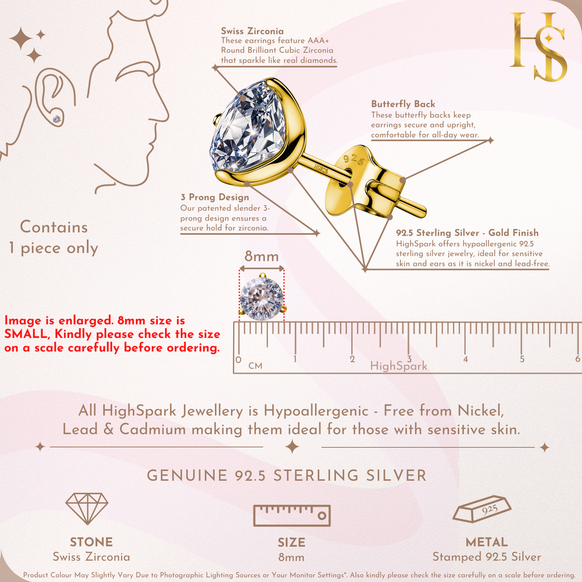 Gold Stud for Men, Martini Solitaire Gold-Plated 925 Silver Earring