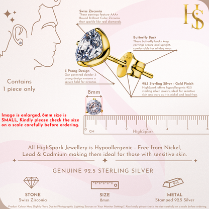 Gold Stud for Men, Martini Solitaire Gold-Plated 925 Silver Earring