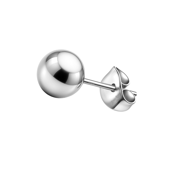 A single, polished 5mm stud earring shaped like a ball, crafted from sterling silver with a butterfly back, shown on a white background.