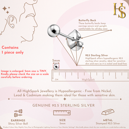 Shiny Silver Ball 5MM Stud Earring in 925 Sterling Silver For Men