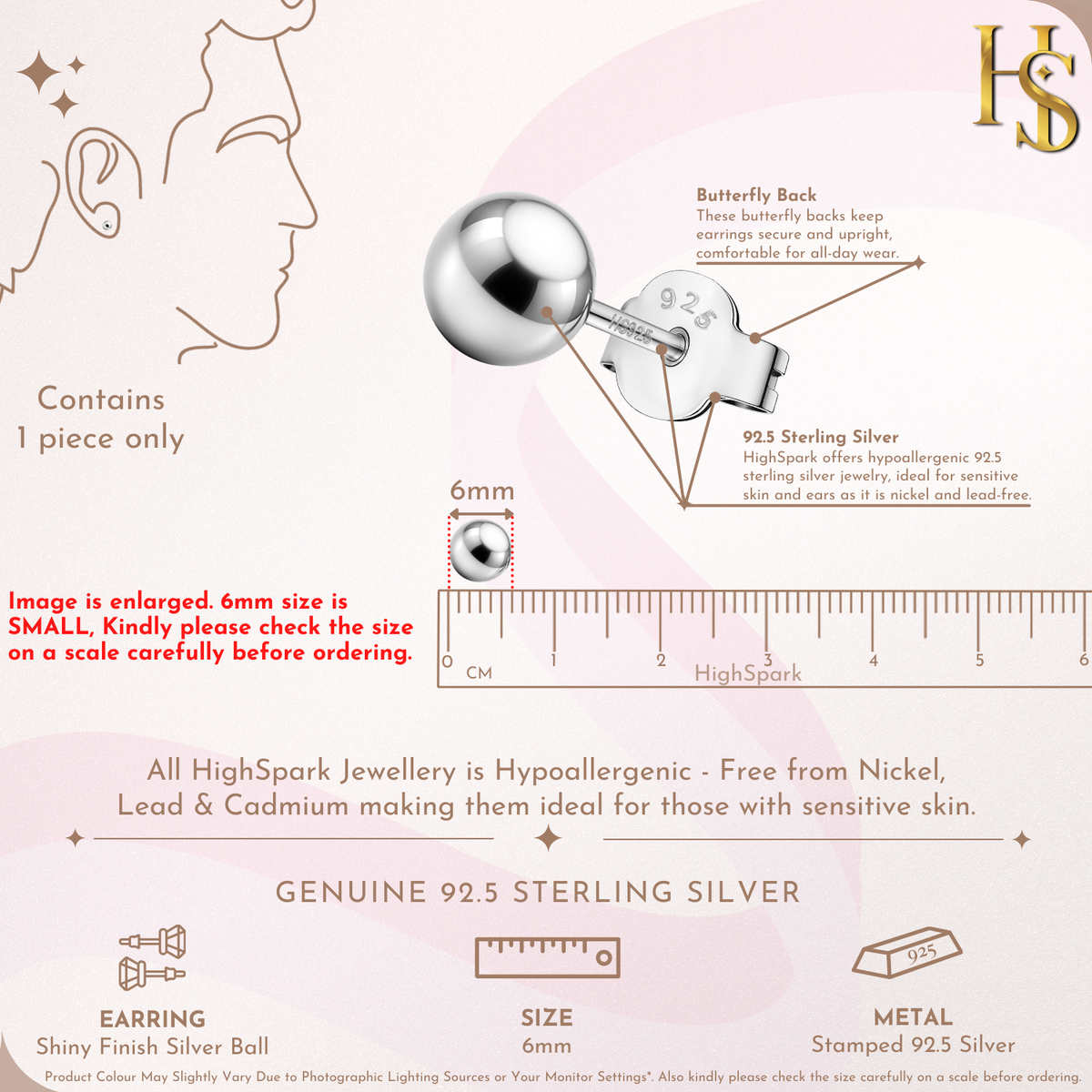 Pure Silver Earrings for Men Ball Studs in 925 Sterling Silver