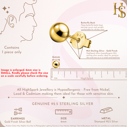 Mens Gold Earrings, Gold-Plated Ball Studs for Men, 925 Silver