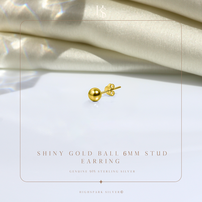 Mens Gold Earrings, Gold-Plated Ball Studs for Men, 925 Silver