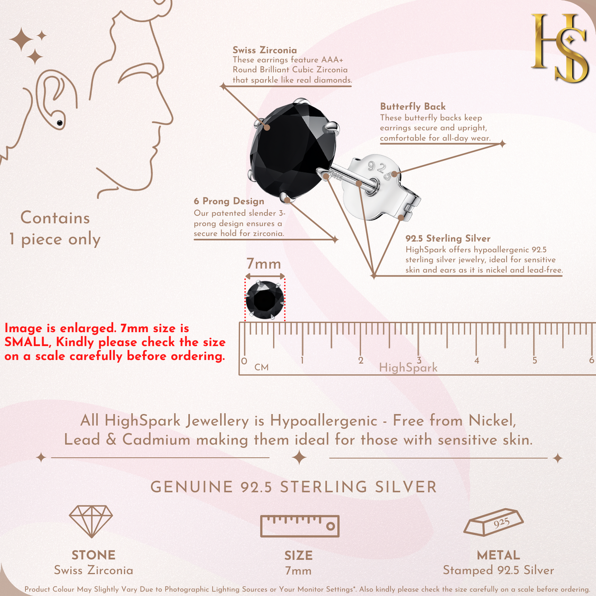 Black American Diamond Solitaire Studs for Men in Sterling Silver