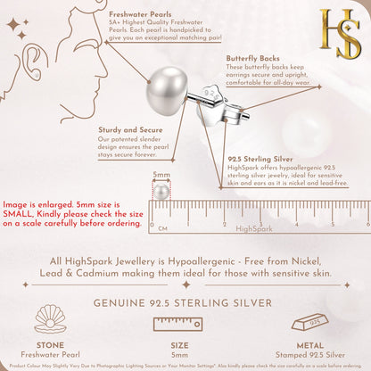 Freshwater 5MM Pearl Stud Earring in 925 Sterling Silver For Mens